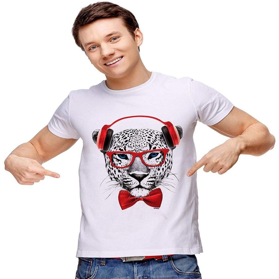 Funny Nerdy Dj Leopard With Headphones Graphic Printed T-Shirt Men Tee