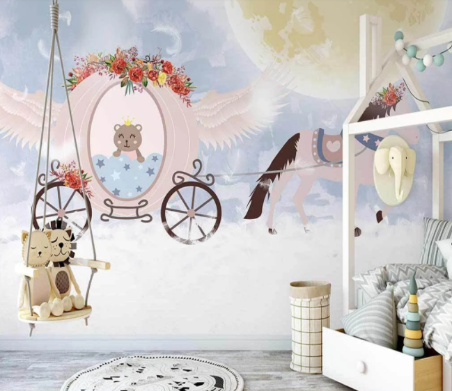 3D Cartoon Moon Horse Floral Bear Animal Wall Mural Wallpaper Lxl