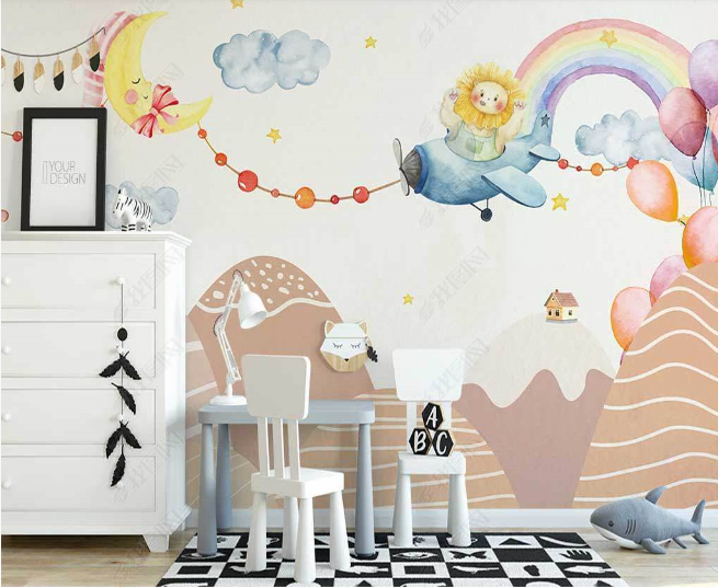 3D Cartoon Mountain Rainbow Airplane Animal Wall Mural Wallpaper Lqh 49