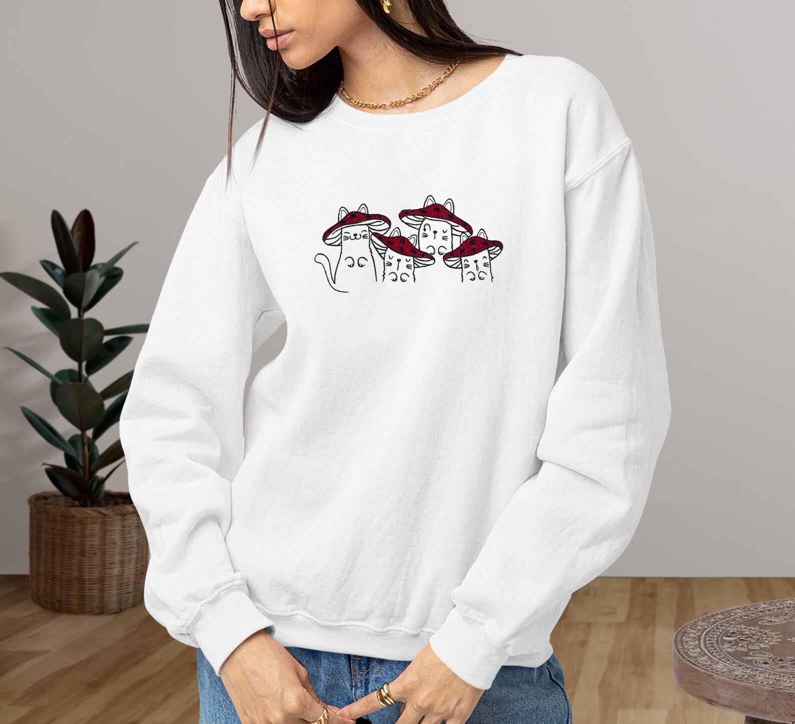 Mushroom Cats Embroidered Halloween Sweatshirt 2D Crewneck Sweatshirt All Over Print Sweatshirt For Women Sweatshirt For Men Sws2997