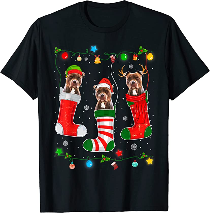 Christmas Pajama Lights Pitbull Dog Puppy Lover T-Shirt