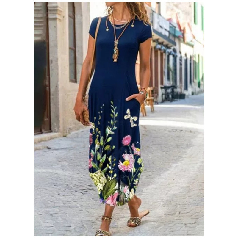 Summer New Bohemian Maxi Dress Short Sleeve Printed Retro Flower Casual Dress Pockets Mid-Calf Vintage Dresses 3XL alx