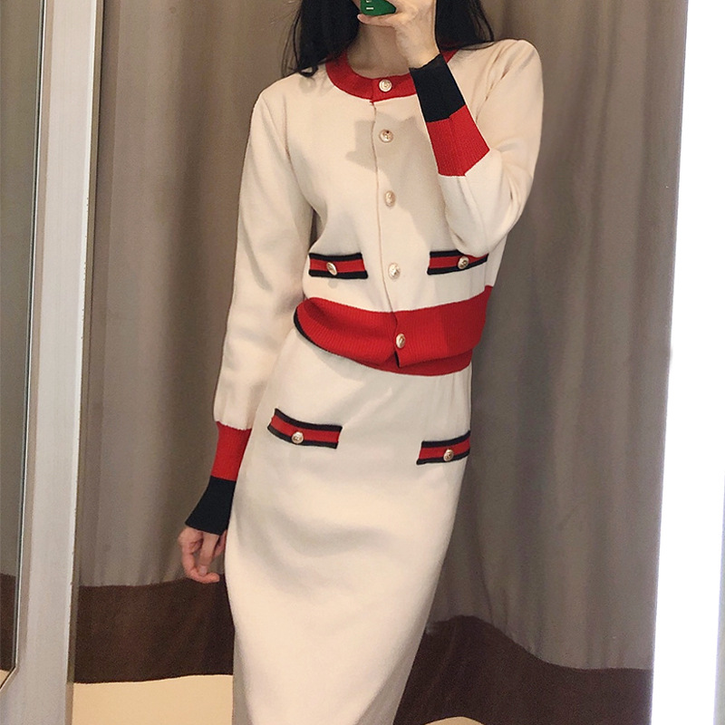 Casual Fashion Elegant Outfits Korean Knitted 2 Piece Set Women Single-Breasted Splicing Sweaters + Elastic Skirt Suits Sets alx