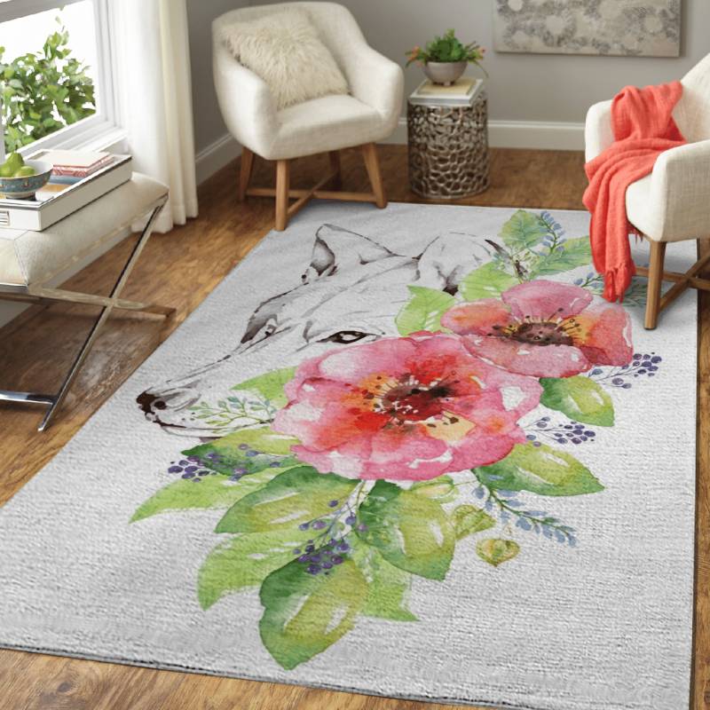 Watercolor of Wolf  Flower – Animals Area Rug Carpet