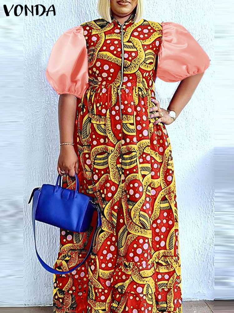 VONDA 2022 Bohemian Women Summer Elegant Maxi Sundress Long Dress Short Lantern Sleeve Vestido Casual Floral Printed Party Robe alx