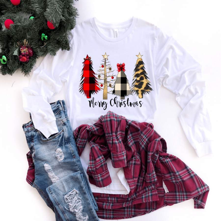 Merry Christmas Plaid Leopard Trees Long Sleeve