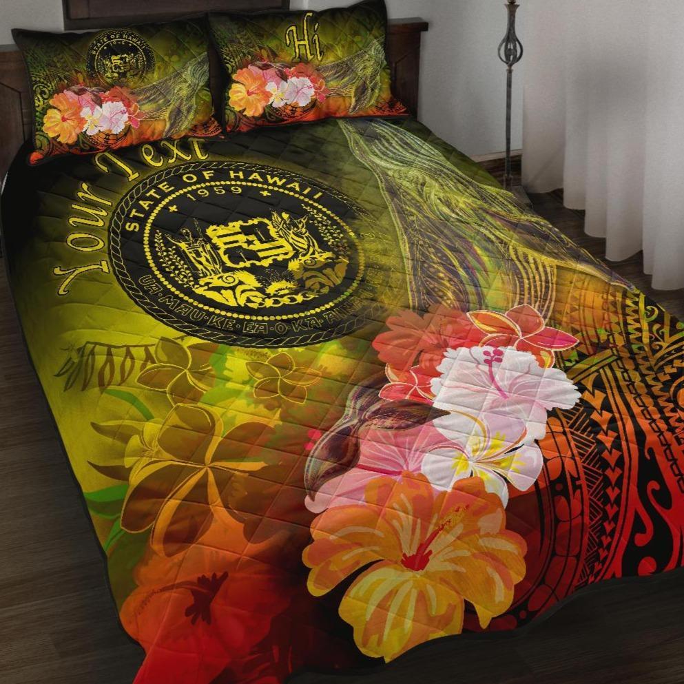 Polynesian Hawaii Custom Personalised Quilt Bed Set – Humpback Whale With Tropical Flowers (Yellow)