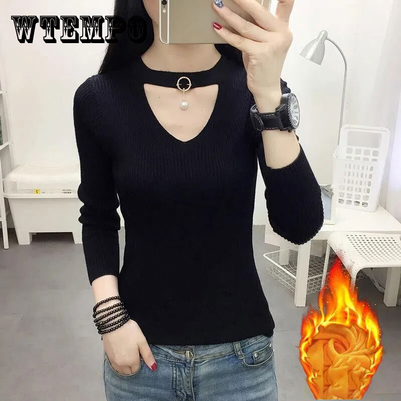 V-neck Plush Sweater Halter Long Sleeve Top Skinny Pullover Women’s Korean Fashion Jumper Autumn and Winter Versatile Warm Tops alx