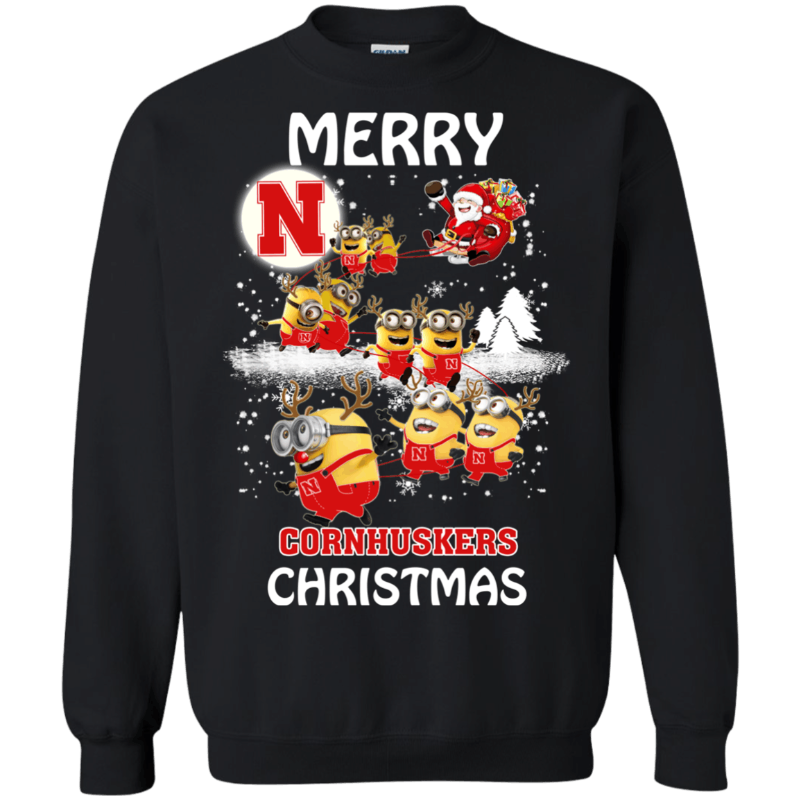 Ultimate Nebraska Cornhuskers Minion Ugly Christmas Sweaters Santa Claus With Sleigh Hoodies Sweatshirts