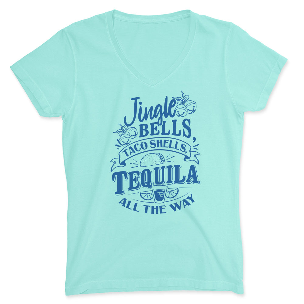 Women’S Jingle Bells Taco Shells Tequila All The Way V-Neck T-Shirt