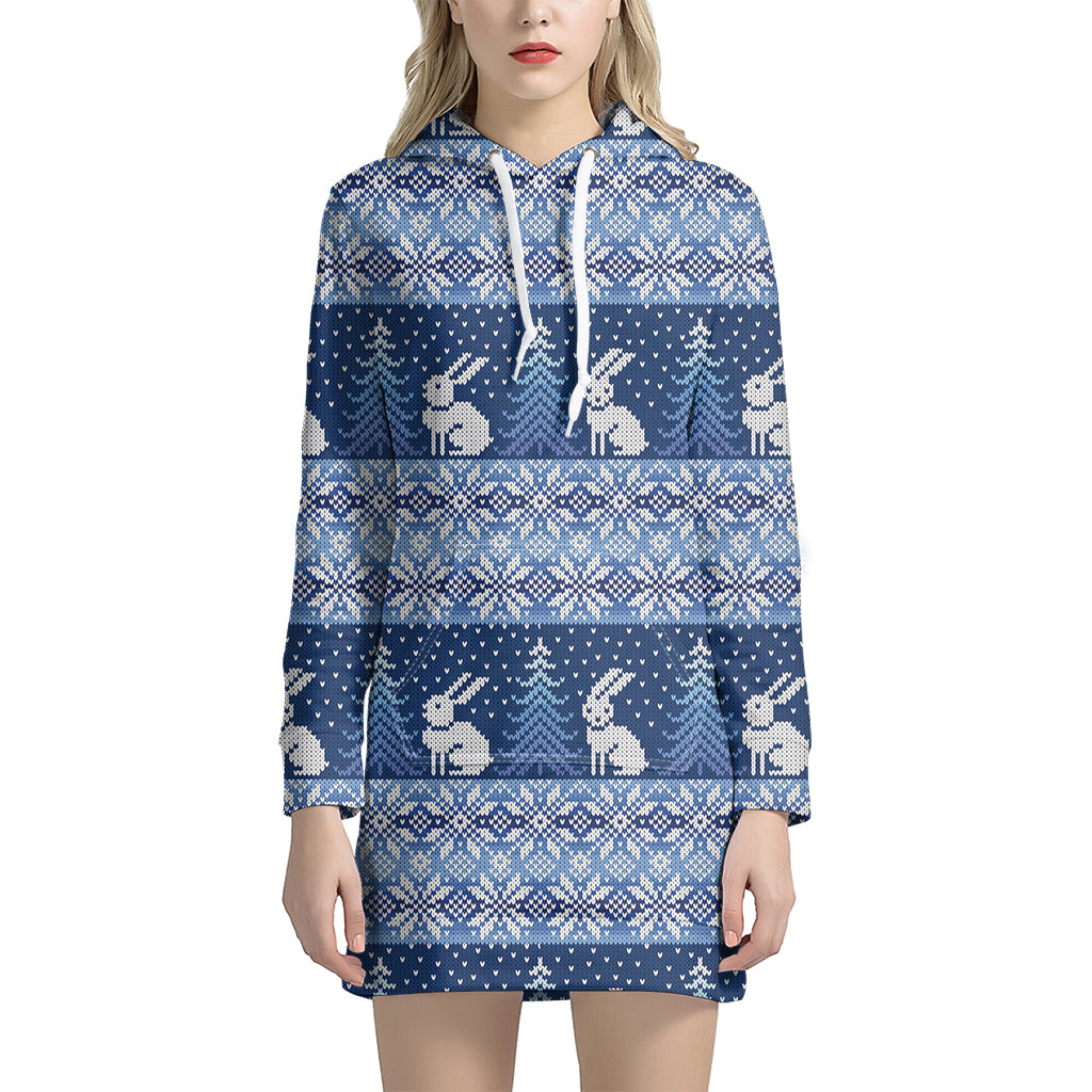 Snow Rabbit Knitted Pattern Print Women’S Pullover Hoodie Dress