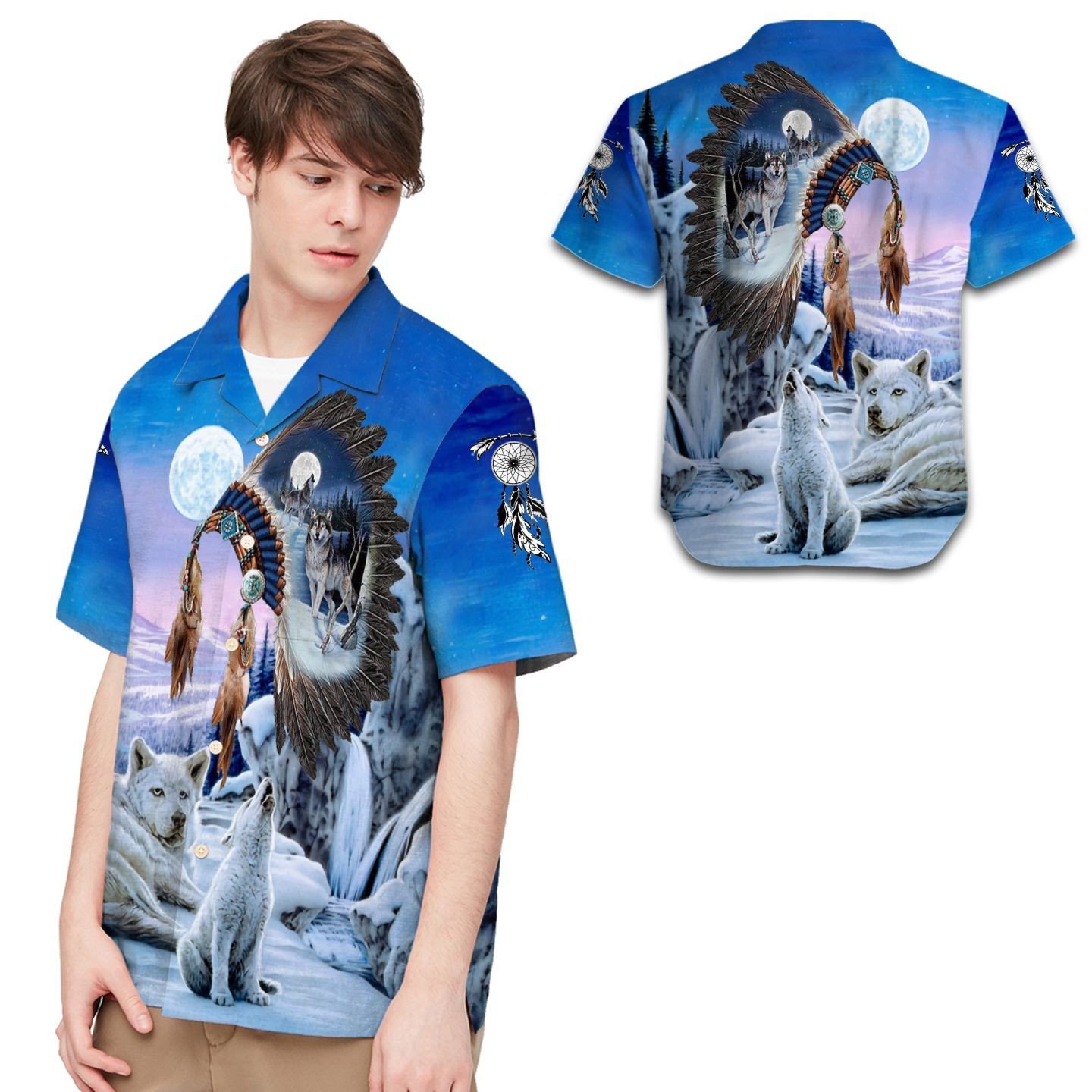 Wolf Native American Headdress Hawaiian Shirt For Men For American Indian – Gift For Wolf Lovers