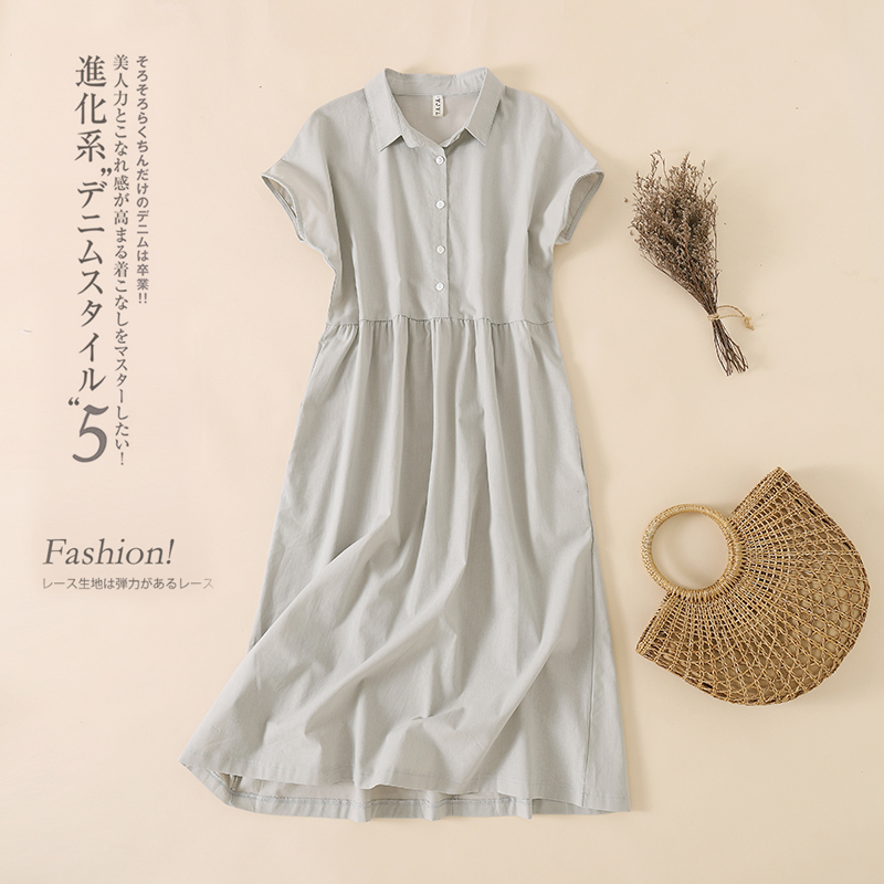 Solid Turn Down Collar Linen Dress Loose Thin Cotton Linen Robe Casual Summer Dresses Short Sleeve Vintage Clothes Chic I230 alx