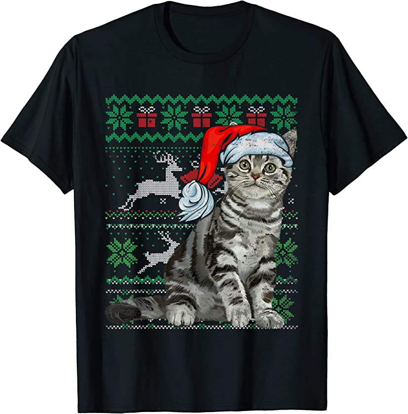 Ugly Christmas Cat Santa Hat Scarf Holiday Cute Xmas T-Shirt