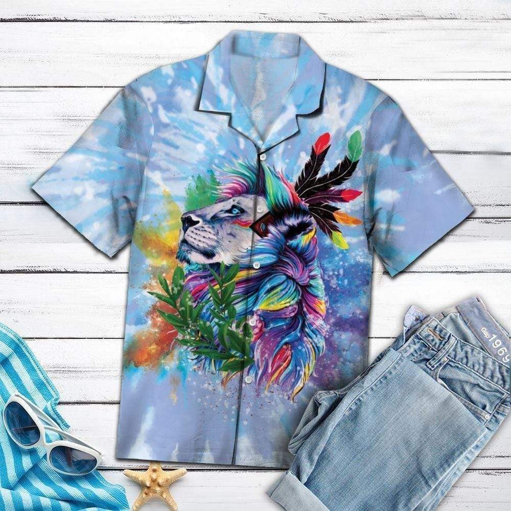 Check Out This Awesome Native American Lion Colorful Feather Hawaii Aloha Shirts Ha51311