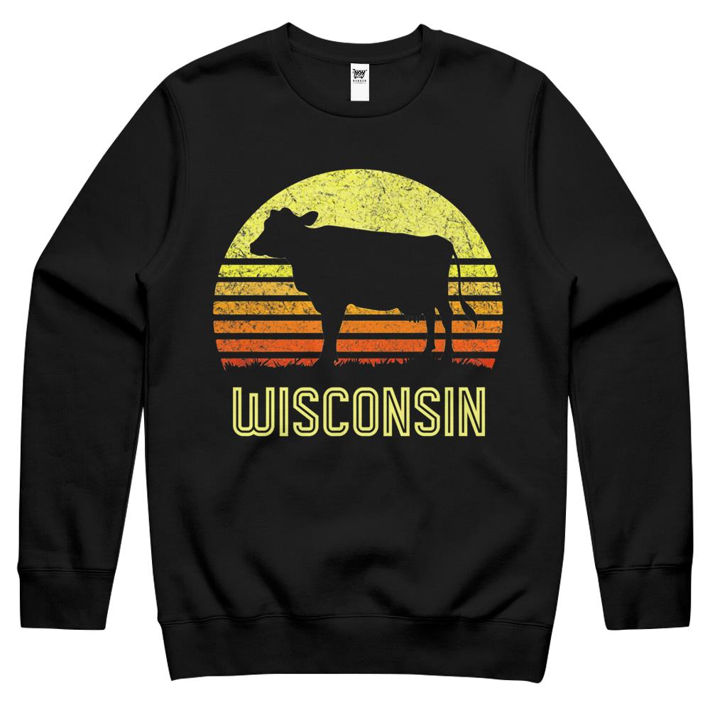 Wisconsin Dairy Cow Retro Farming Sunset Vintage Farmer Crewneck Sweatshirt