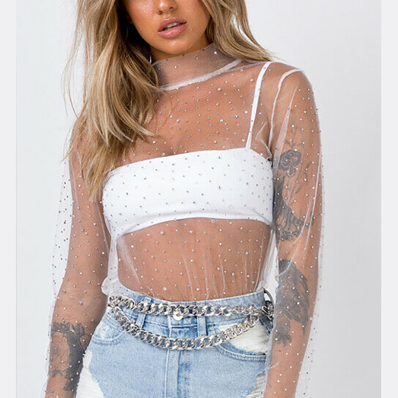 Summer Sexy Lace Mesh Sheer T Shirt Women Transparent Tops Turtleneck See Through Cover Up Summer Female Tshirt alx