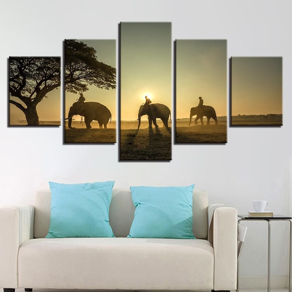 Elephants Unset Tree Animal 5 Panel Canvas Art Wall Decor