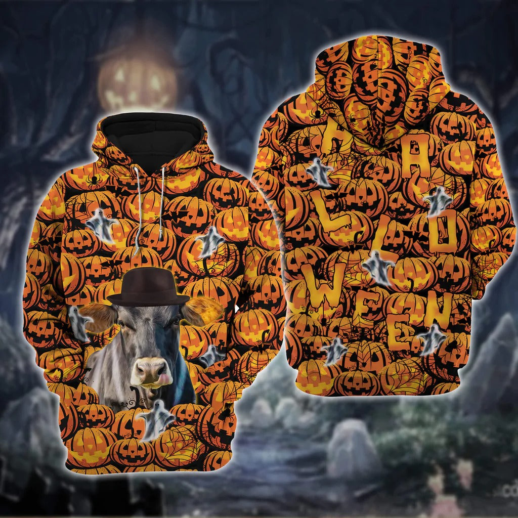 Brown Swiss Cattle Halloween 3D All Over Print Hoodie, Halloween Unisex Farm Hoodie