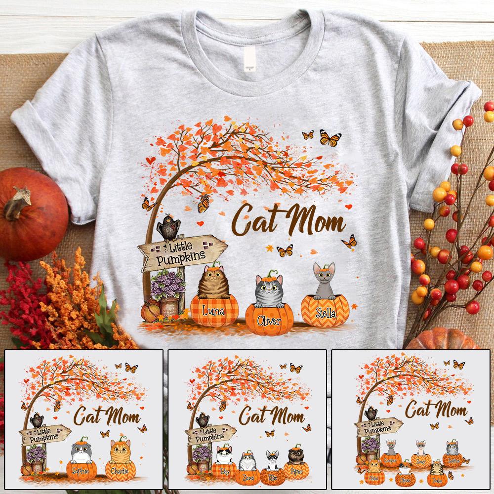 Cat Mom Little Pumpkin Autumn Halloween Shirt, Funny Cat Mom Halloween Shirt, Custom Cat And Name Shirt