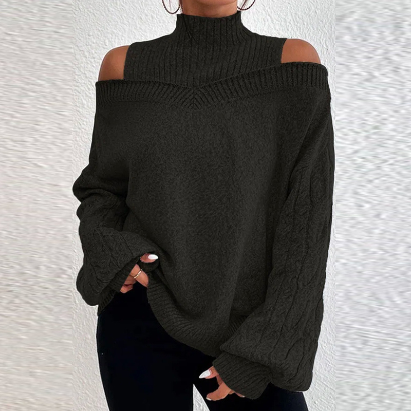 Vintage Solid Beading Patchwork Women Sweater Autumn Mock Neck Cold Shoulder Knitted Pullover Winter Lantern Sleeve Top Sweaters alx