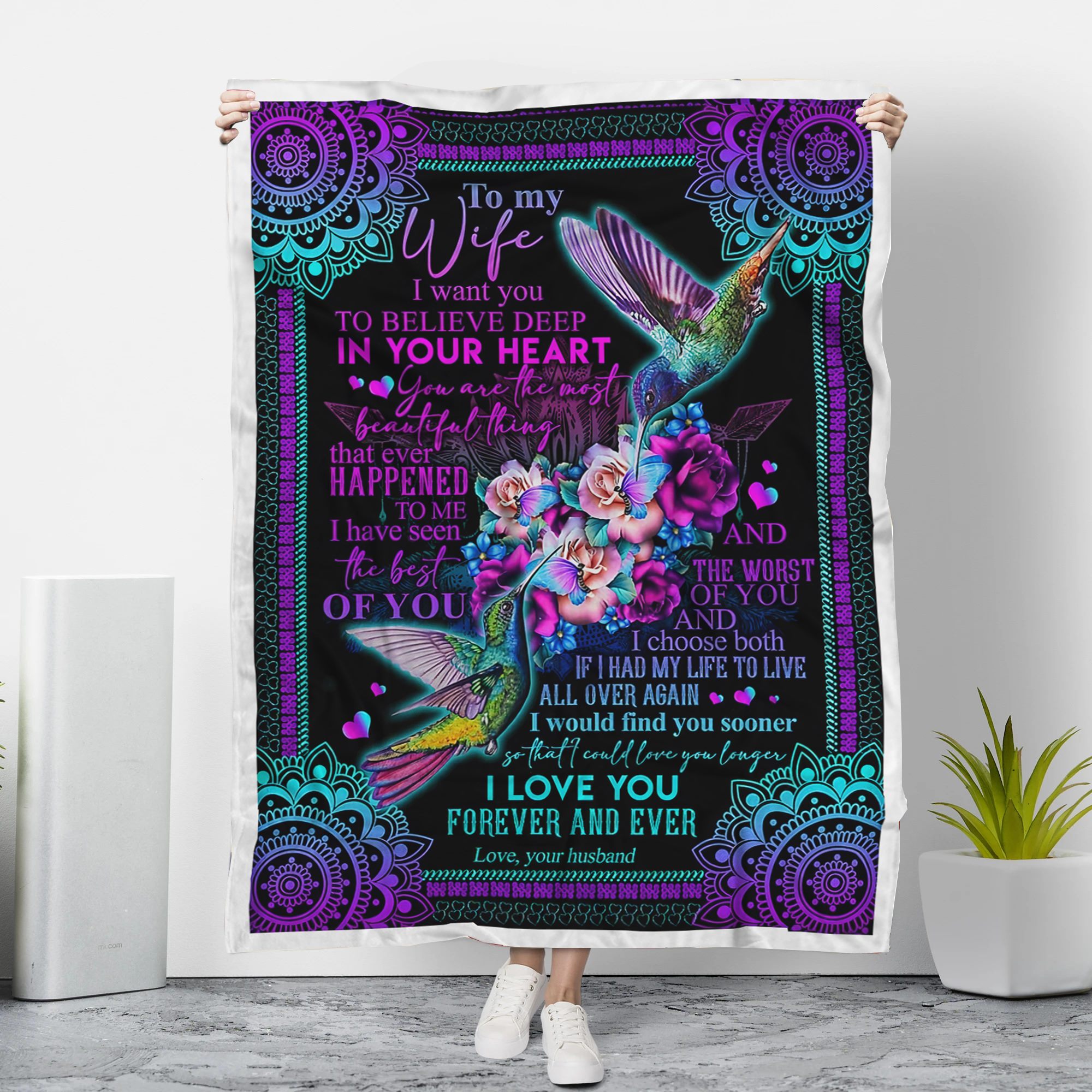 To My Wife I Love You Forever And Ever, Hummingbird Fleece Blanket – Quilt Blanket Birthday Gift For Wife Gift For Couple Birthday Gift For Couple From Husband To Wife Home Decor Bedding Couch Sofa Soft And Comfy Cozy