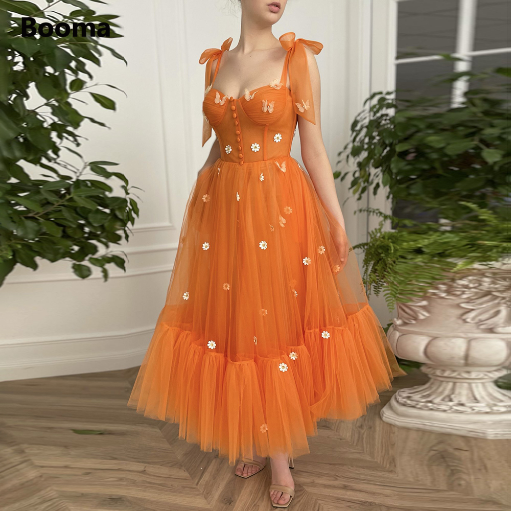 Booma Sweetheart Orange Tulle Prom Dresses Bow Straps Daisy Flowers Tea-Length Prom Gowns A-Line Midi Wedding Party Dresses alx