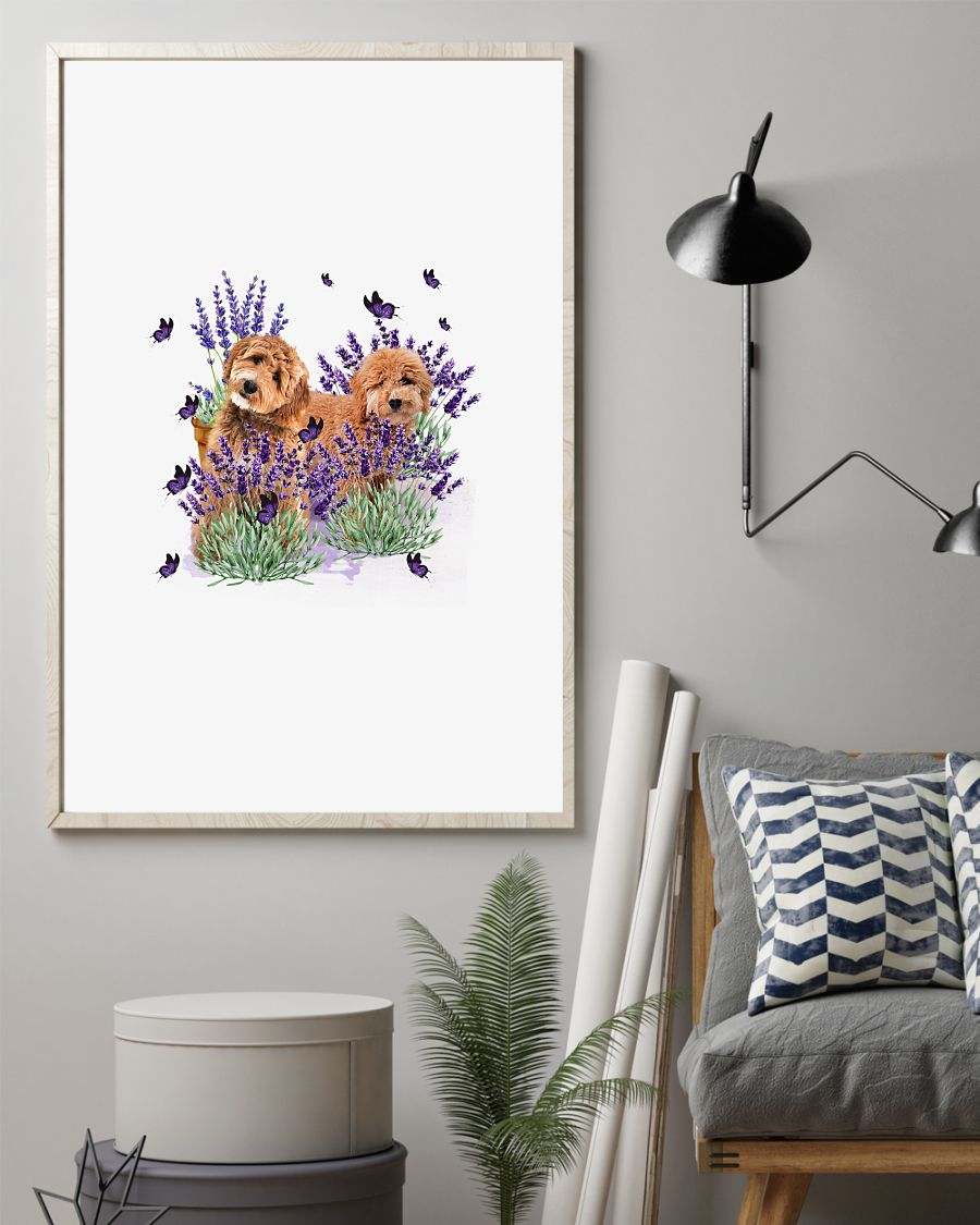 Goldendoodle with lavender flower poster