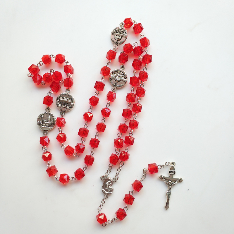 Unique Red Square Beads Chain Prayer Chaplet Religion Church Our Lady Medal Crucifix Cross Rosary Necklace Jewelry Baptism Gifts alx