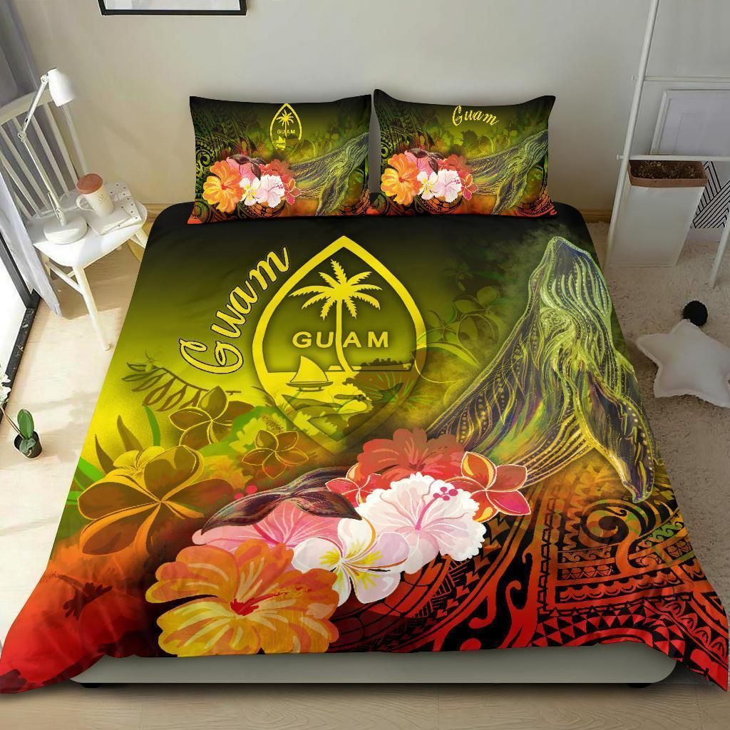 Alohawaii Bedding Set – Cover And Pillow Cases Guam – Humpback Whale With Tropical Flowers (Yellow)- Bn18