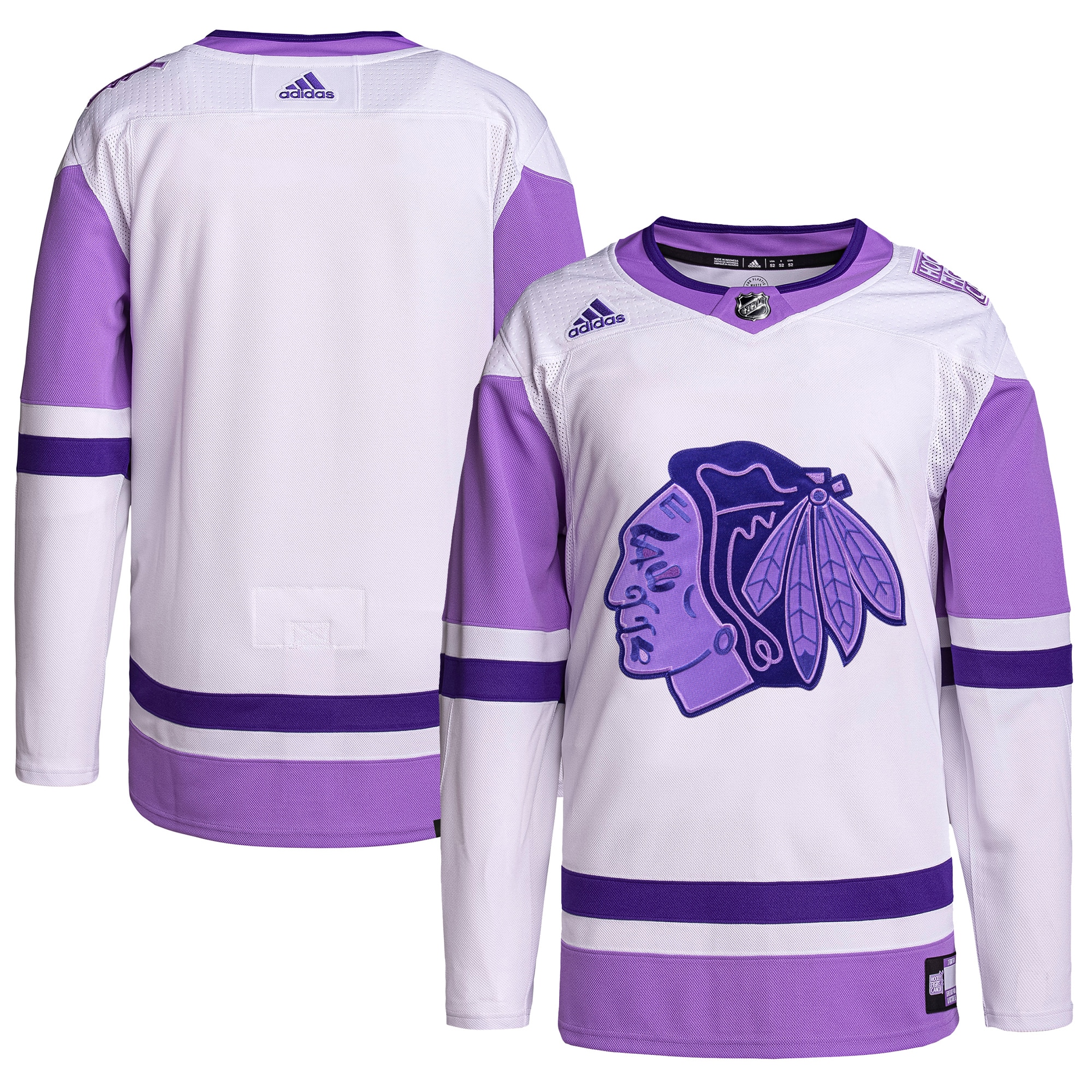 Men's Chicago Blackhawks adidas White/Purple Hockey Fights Cancer Primegreen Authentic Blank Practice Jersey