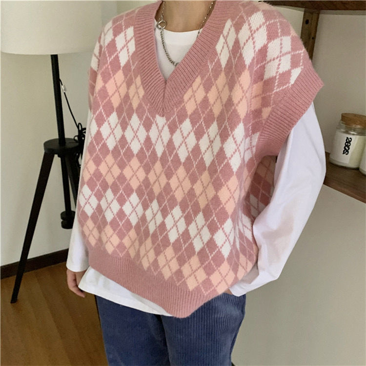 Argyle Sweater Vest Women Pink Sweet Sleeveless Sweaters All-match V-neck Korean Style Hot Sale Knitted New Arrival Femme Tops alx