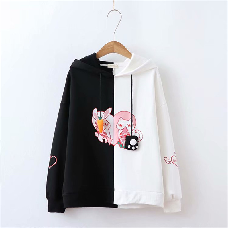 Bunny Ear Kawaii Hoodie Women Cute Rabbit Cat Lovely Sweatshirt Harajuku Soft Girls Anime Pink Pullover Black Tracksuit alx