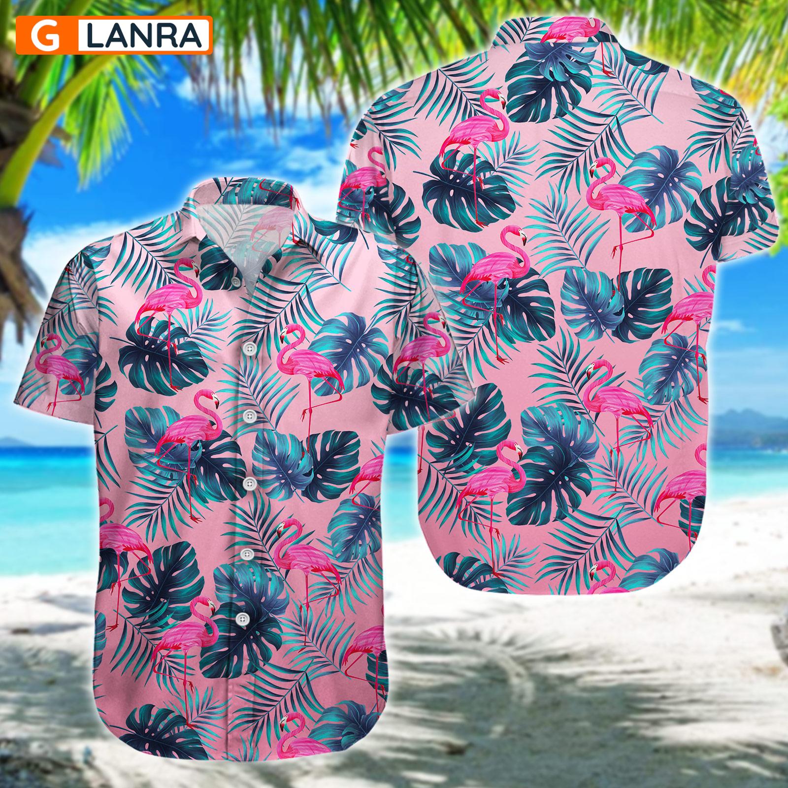 Flamingo Palm Leaves Button Shirt, Flamingo Button Shirt, Summer Flamingo Hawaiian Shirt, Flamingo Leaf Hawaiian Shirt, Summer Tropical Shirt