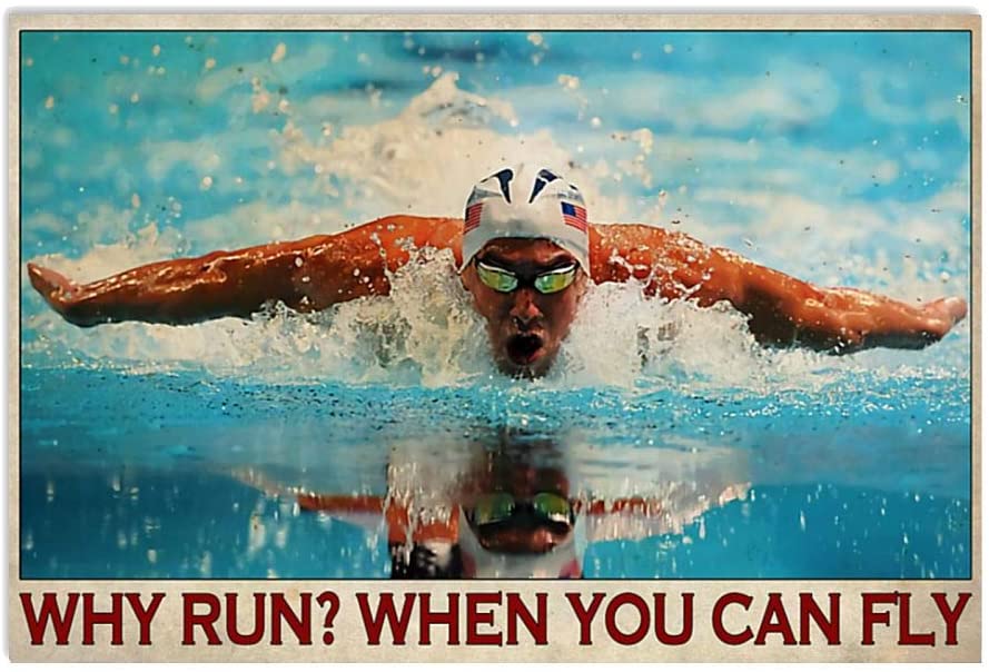 Vintage Swimming – Why Run When You Can Fly Poster Art Print      Home Decor Gift For Men Women Family Friend On Birthday Xmas