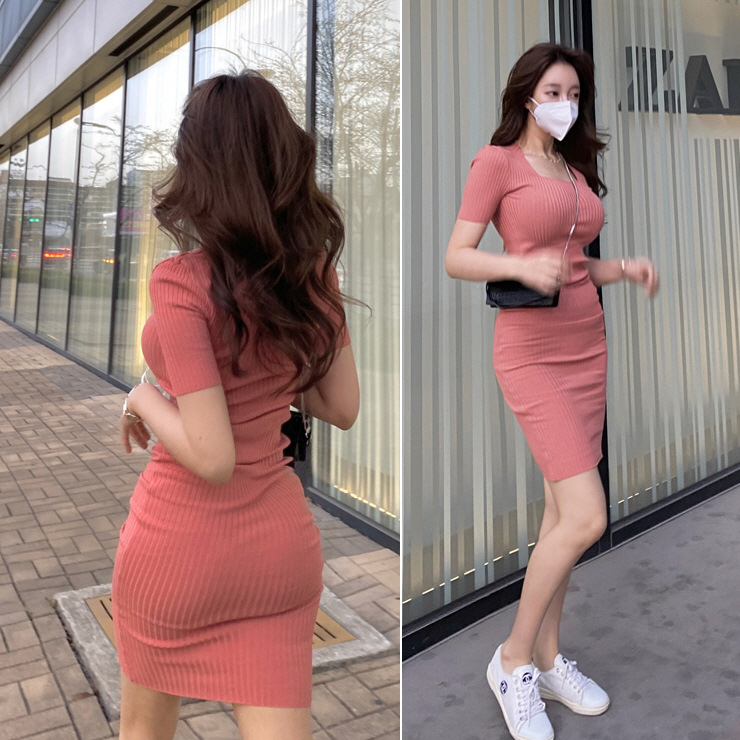 2020 Summer Korean Women’s Temperament Tight Body Short Sleeve Dress Hip Pack Knee-Length Office Lady knitting Cotton alx