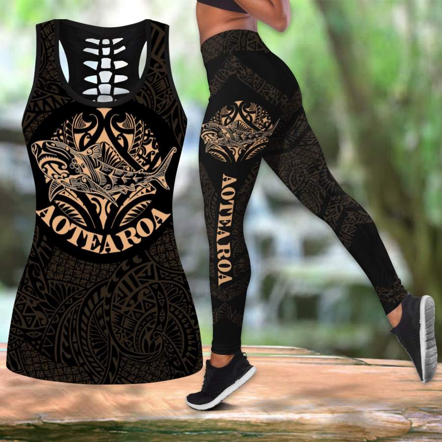 Combo maori shark tattoo tank top & leggings outfit for women HHT17072001