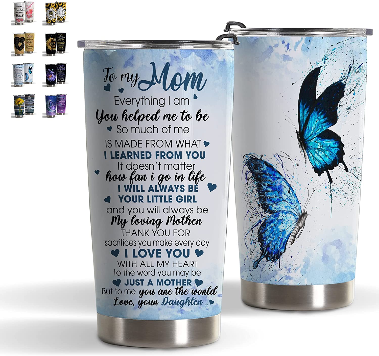 Mom Gift Tumbler From Daughter – Double Wall Vacuum Insulated Stainless Steel Tumbler Cup With Lid 20 Oz – Blue Butterfly Tumbler – Mothers Day, Christmas, Valentine, Birthday Gifts For Women