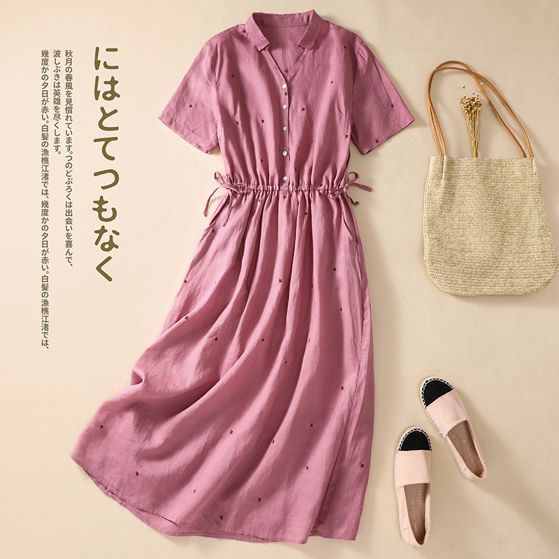 2022 New Korea Style Thin Light Soft Cotton Linen Fashion Women Casual Midi Blouse Summer Dress Bandage Office Lady Work Dress alx