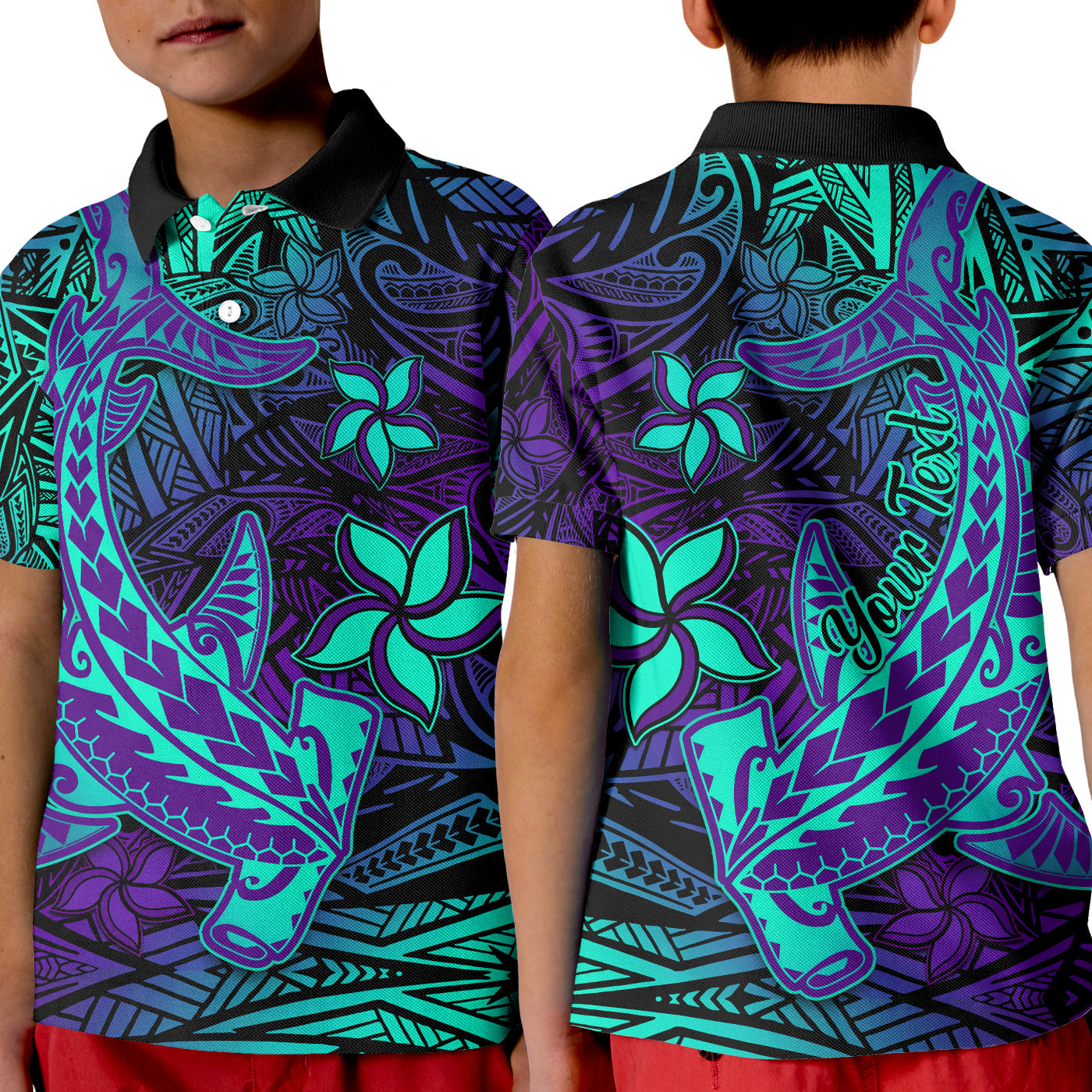 Custom Personalised Polynesian Polo Shirt Kid Purple Paradise Hawaiian Tribal Hammerhead Shark Lt14