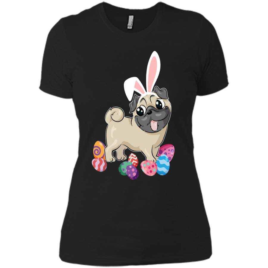 Cute Pug Dog With Bunny Hat Easter Eggs T-Shirt Happy Next Level Ladies Boyfriend Tee