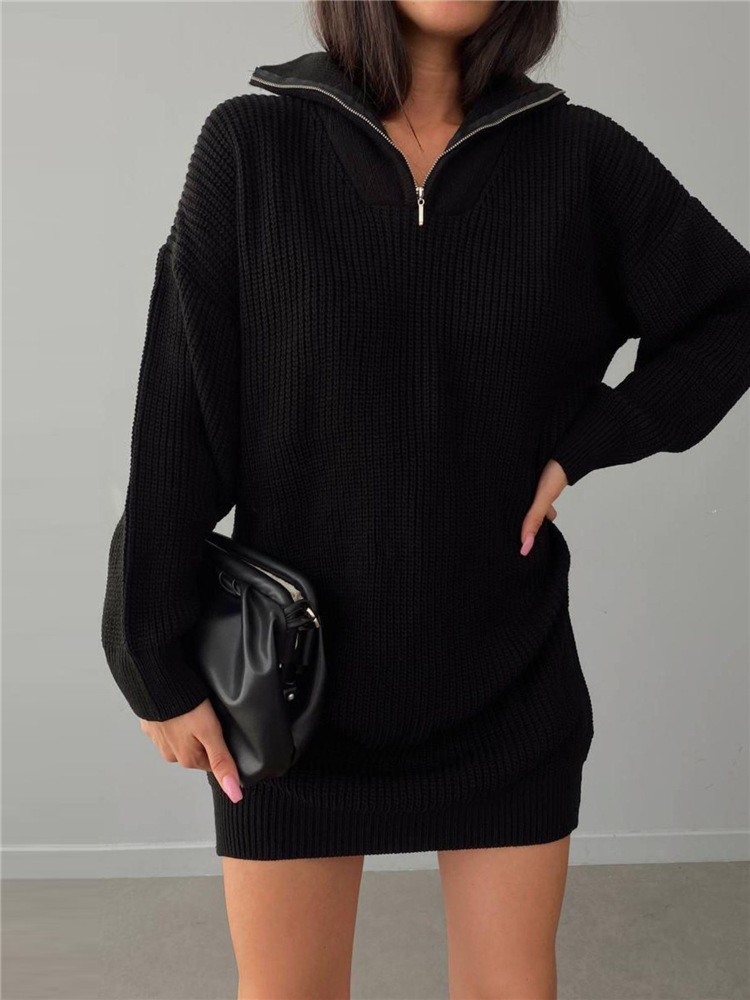 Women Loose Mid Length Sweaters Female Lapel Long Sleeve Knit Pullovers Ladies Zipper Mini Knitted Dress Autumn and Winter alx