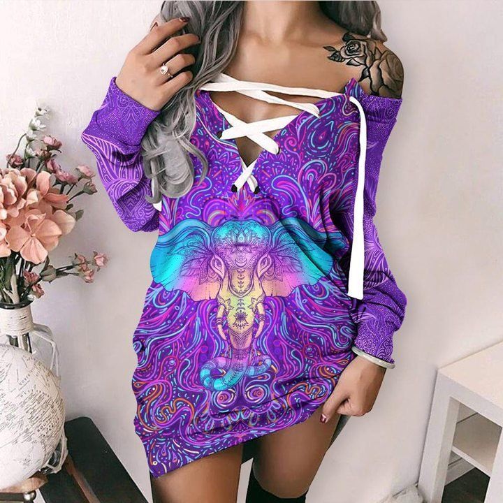 420Friendlyshop – Elephant Psychedelics Mandala Lace-Up Criss Cross Sweatshirt Dress 54