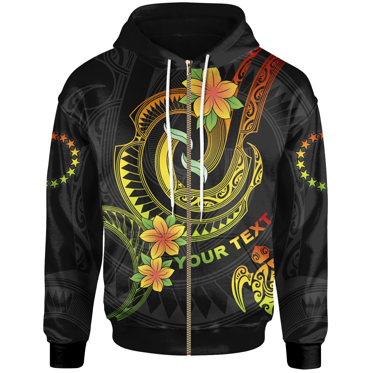 Cook Islands Custom Personalised Zip-Up Hoodie – Reggae Plumeria Flowers with Spiral Patterns – BN26