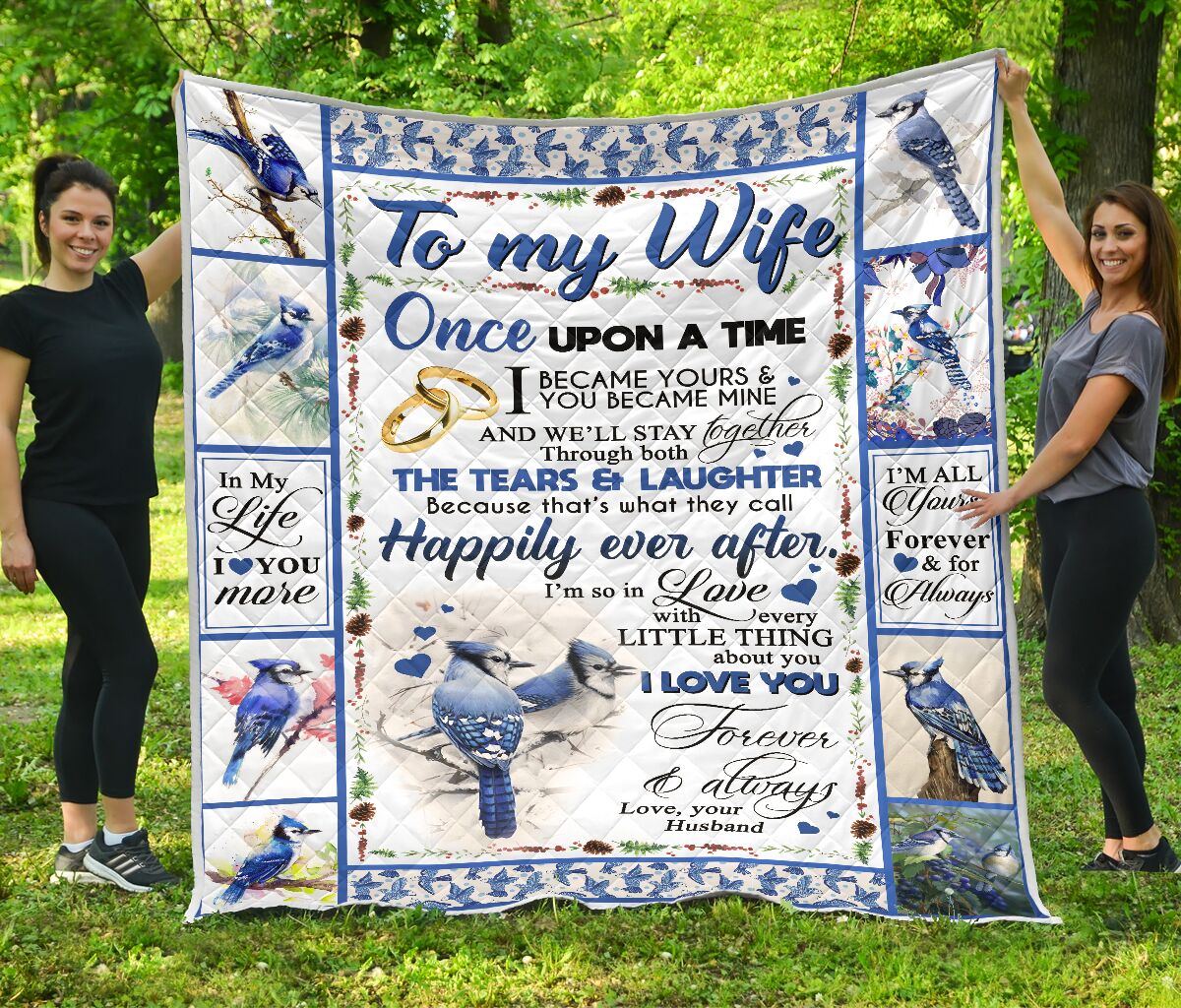 ViticStore™ Ever After Couple of Birds White Shade & Blue Detail- Cotton Kingsize Quilt for Wife