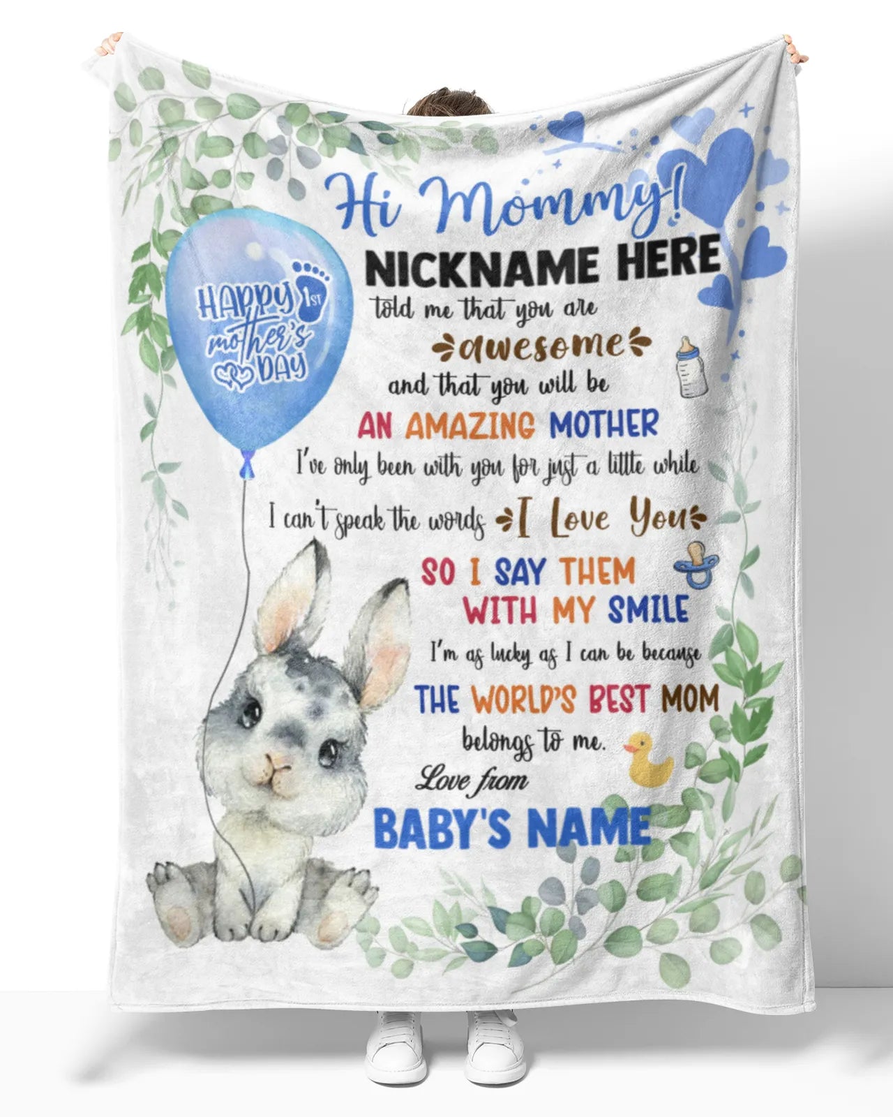 Personalized Printed Blanket Little Bunny With Blue Balloon – Mothers Day Gift, Happy 1St Mother Day Blanket, Baby Bunny Blanket