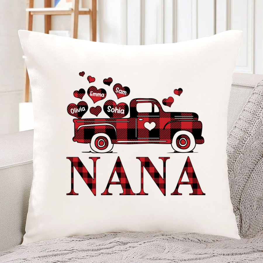 Valentine’S Day Shirt, Nana Truck Red Buffalo Plaid Heart Custom Names Indoor Pillow