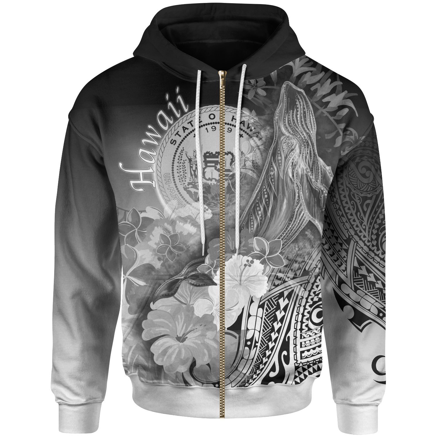 Polynesian Hawaii Zip-Up Hoodie – Humpback Whale with Tropical Flowers (White)- Pacific Print Hoodie