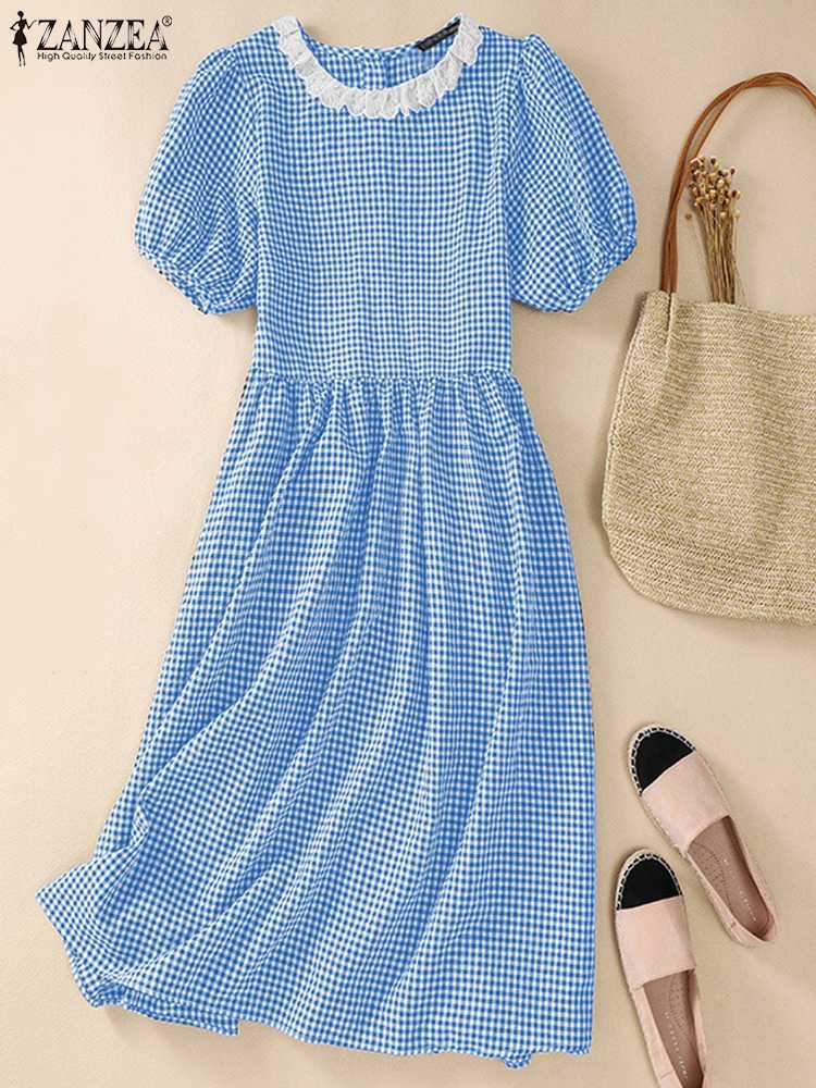 ZANZEA Plaid Checked Dresses Elegant Vintage Dress Bohemian Grid Printed Sundress Women Summer Short Sleeve O-Neck Vestidos Robe alx