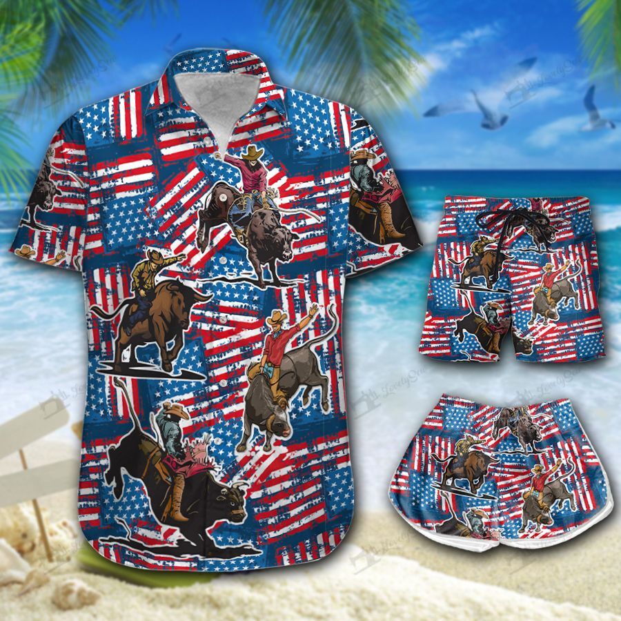 Bull Riding American Flag Hawaiian Shirt Shorts Ha40118